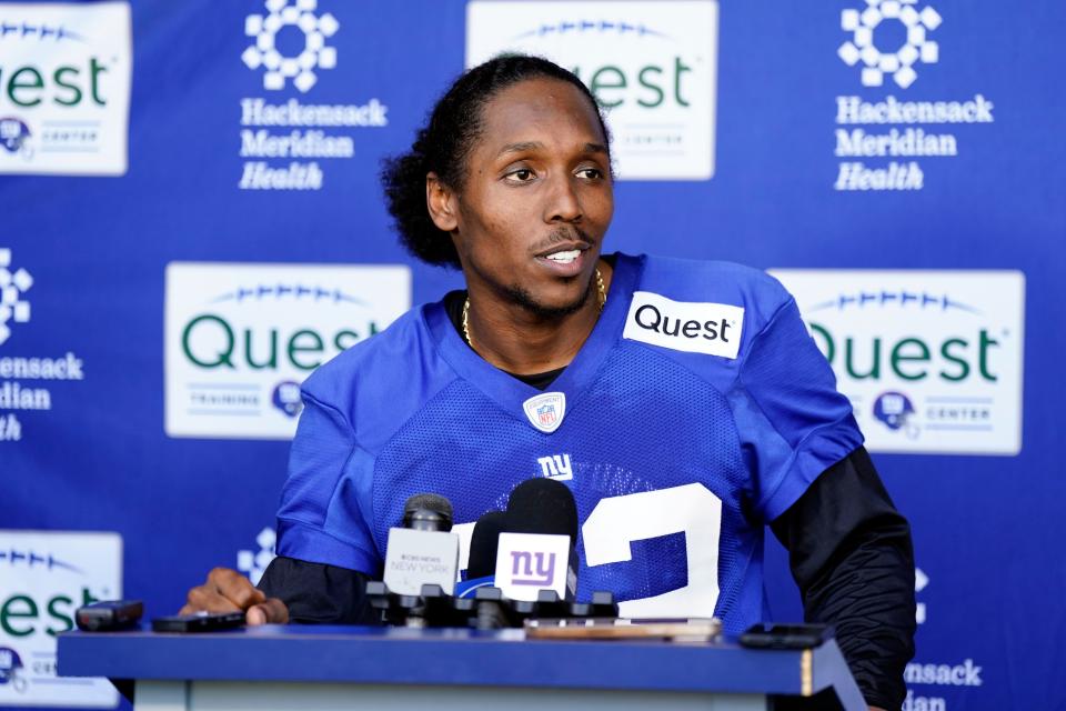 New York Giants cornerback Adoree' Jackson (22) talks to reporters after the organized team activities (OTA's) at the Giants training center on Wednesday, May 31, 2023, in East Rutherford.