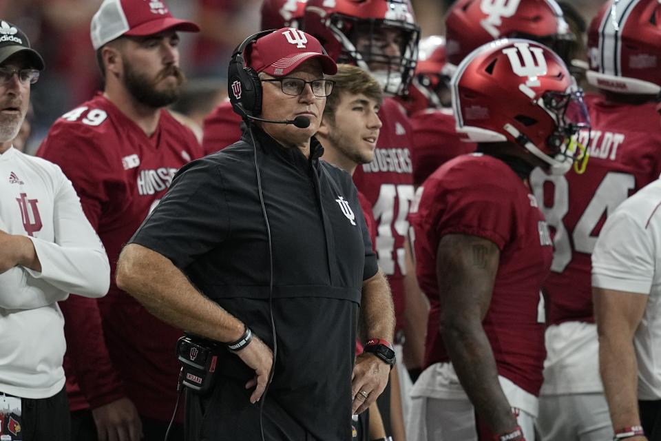 Indiana head coach Tom Allen watches during the second half of an NCAA college football game against Louisville, Saturday, Sept. 16, 2023, in Indianapolis. (AP Photo/Darron Cummings)