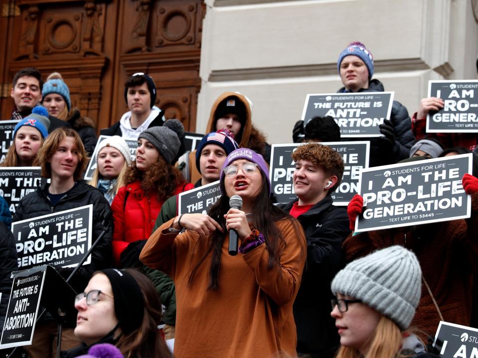 Mary Carmen Zakrajsek, regional director of Students for Life of America, speaks during the Indiana March for Life event on Jan. 24 at the Indiana Statehouse in Indianapolis.