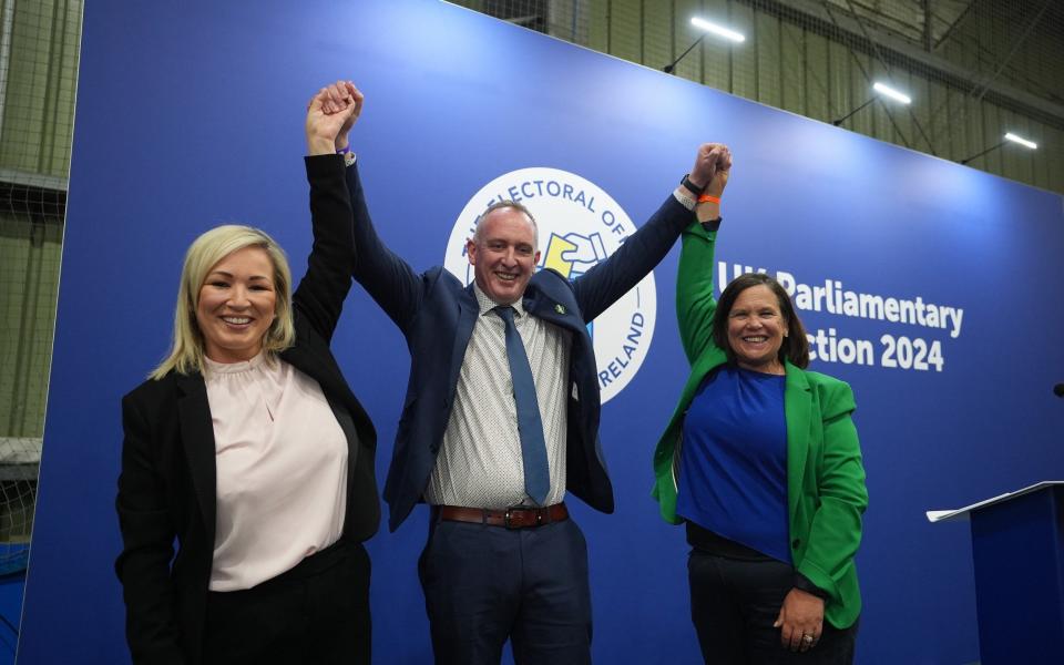 Sinn Fein MP for Mid Ulster Cathal Mallaghan celebrates his election with Michelle O'Neill and Mary Lou McDonald