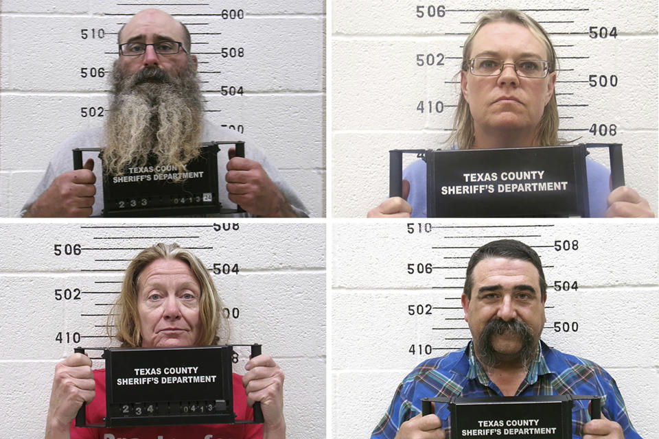 This combination of booking photo provided by the Oklahoma State Bureau of Investigation shows Tad Bert Cullum, top left, Cora Twombly, top right, Tifany Machel Adams, bottom left, and Cole Earl Twombly, bottom right. On Saturday, April 13, 2024, Oklahoma authorities said they arrested and charged these four people with murder and kidnapping over the weekend in connection with the disappearances of Veronica Butler and Jilian Kelley. (Oklahoma State Bureau of Investigation via AP)