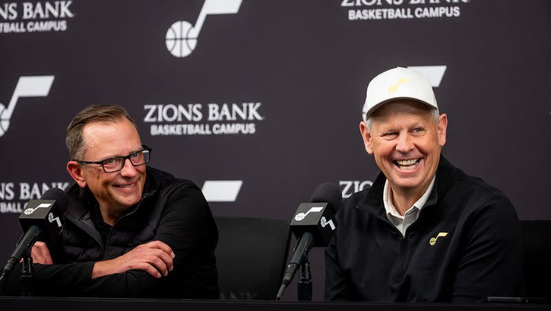 Utah Jazz general manager Justin Zanik, left, and Jazz CEO Danny Ainge field questions during end-of-season press conference at the Zions Bank Basketball Campus in Salt Lake City on Wednesday, April 12, 2023. Will the two be smiling when all is said and done Thursday night?