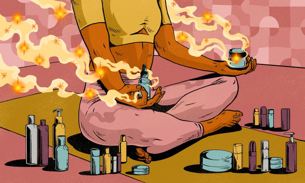 <span>‘I’m realizing that when I do my relaxing eight-step skincare ritual every night, I do not feel relaxed or mentally well.’</span><span>Illustration: Lola Beltran/The Guardian</span>