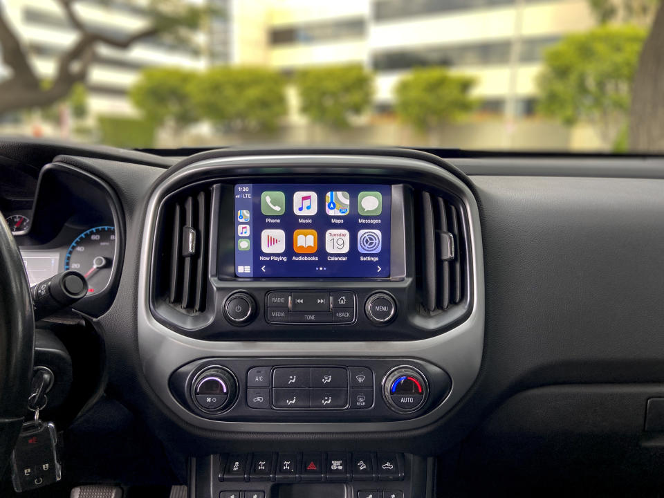 This undated photo provided by Edmunds shows the updated Apple CarPlay smartphone interface. (Ronald Montoya/Edmunds via AP)