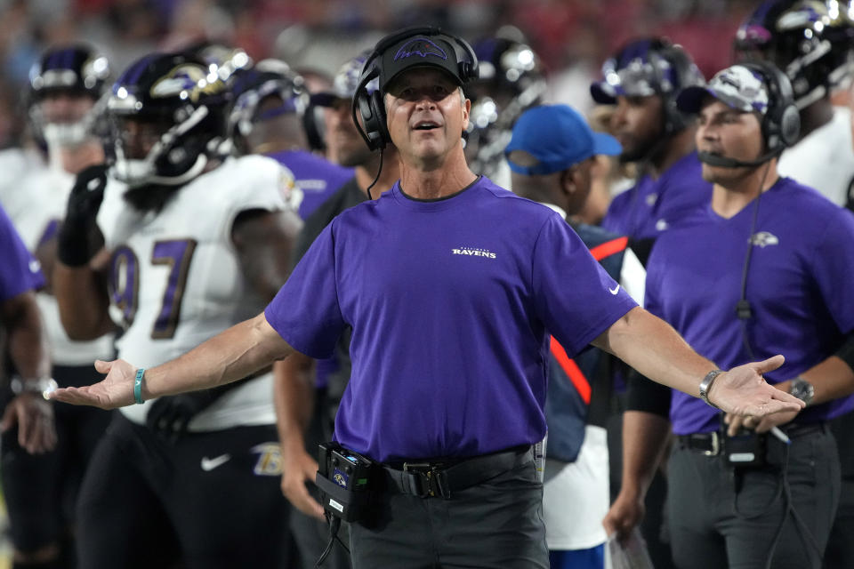 Baltimore Ravens head coach John Harbaugh reacts to a call during the first half of an NFL preseason football game against the Arizona Cardinals, Sunday, Aug. 21, 2022, in Glendale, Ariz. (AP Photo/Rick Scuteri)