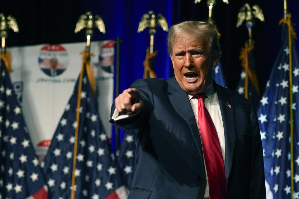 Republican presidential candidate former President Donald Trump gestures after speaking Wednesday, Oct. 11, 2023, at Palm Beach County Convention Center in West Palm Beach, Fla. (AP Photo/Rebecca Blackwell)