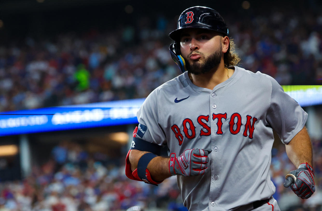 Boston Red Sox right fielder Wilyer Abreu (52) reacts after hitting a three-run home run during the sixth inning against the Texas Rangers at Globe Life Field. Mandatory Credit: Kevin Jairaj-USA TODAY Sports