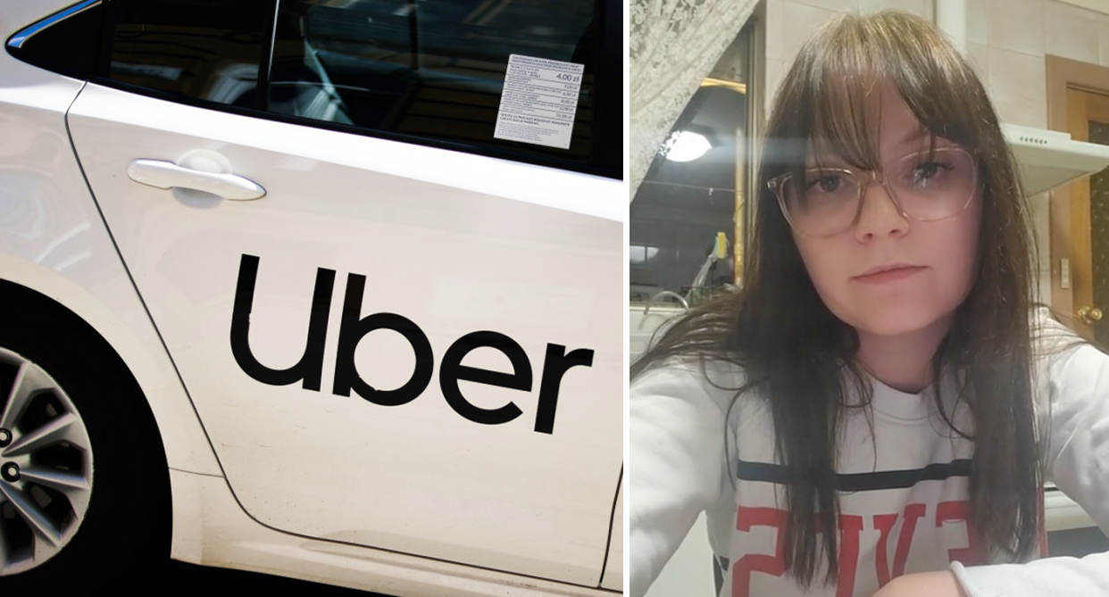 Image of the words 'Uber' on a white car (left) and Tayla Pimlott looking at the camera with a somber face (right). 
