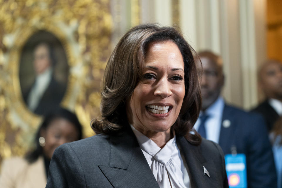 Vice President Kamala Harris speaks to the press before Laphonza Butler is sworn in to succeed the late Sen. Dianne Feinstein, Tuesday, Oct. 3, 2023, on Capitol Hill in Washington. (AP Photo/Stephanie Scarbrough)