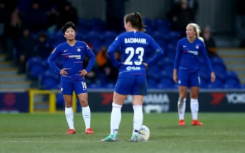 Chelsea Women look dejected after conceding their third goal during the FA WSL match between Chelsea Women and Birmingham City Women - Credit: Getty Images