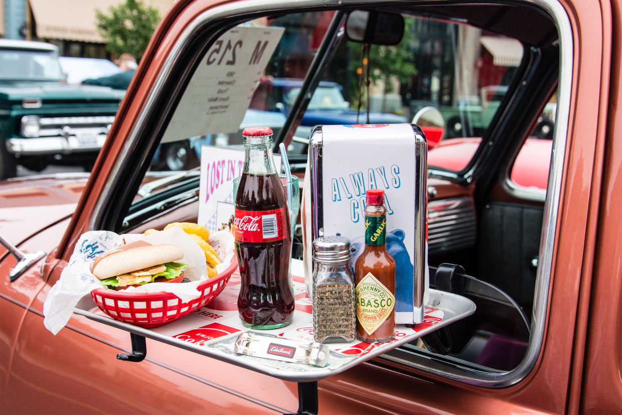 Drive-In food tray on a 1950 Chevy Pickup displayed at the Arroyo Valley Car Show in the village of Arroyo Grande, California