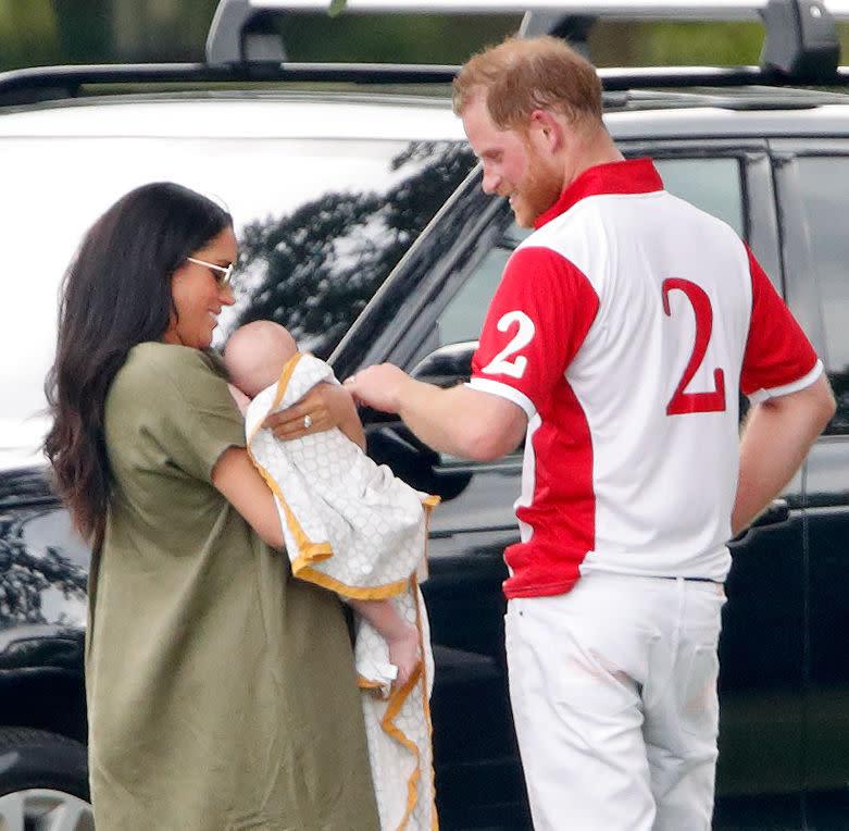 A photo of Meghan, Duchess of Sussex, Archie Harrison Mountbatten-Windsor and Prince Harry, Duke of Sussex at the King Power Royal Charity Polo Match, in which Prince William, Duke of Cambridge and Prince Harry, Duke of Sussex were competing for the Khun Vichai Srivaddhanaprabha Memorial Polo Trophy at Billingbear Polo Club on July 10, 2019 in Wokingham, England.