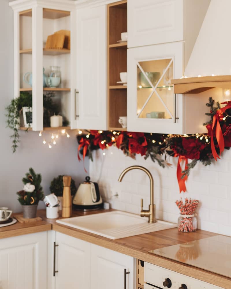 Interior of modern kitchen decorated for Christmas