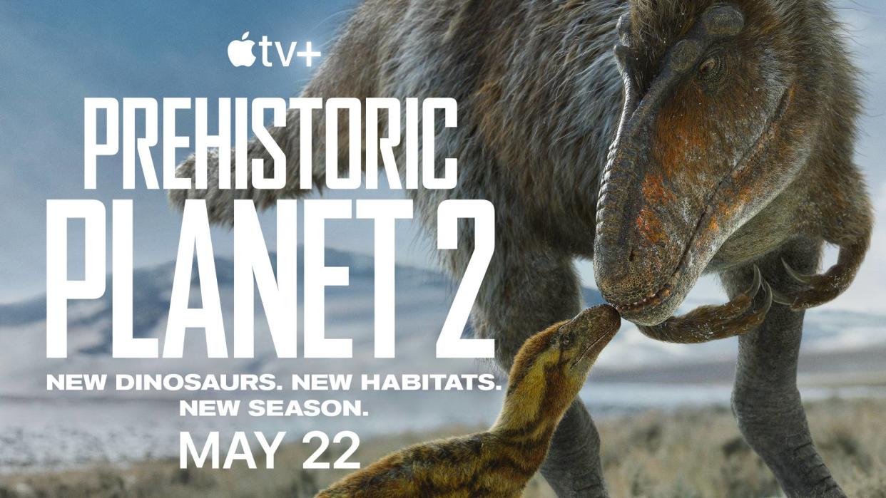  The Prehistoric Planet 2 first look image features a mother and baby dinosaur. 