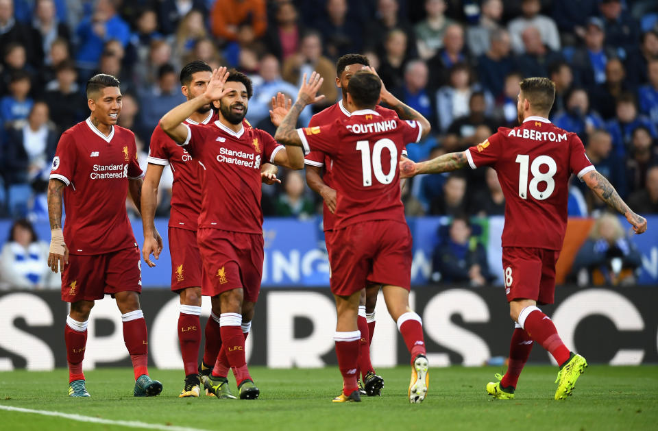 Mohamed Salah celebrates scoring during the Premier League match between Leicester City and Liverpool at The King Power Stadium on September 23, 2017 in Leicester, England.