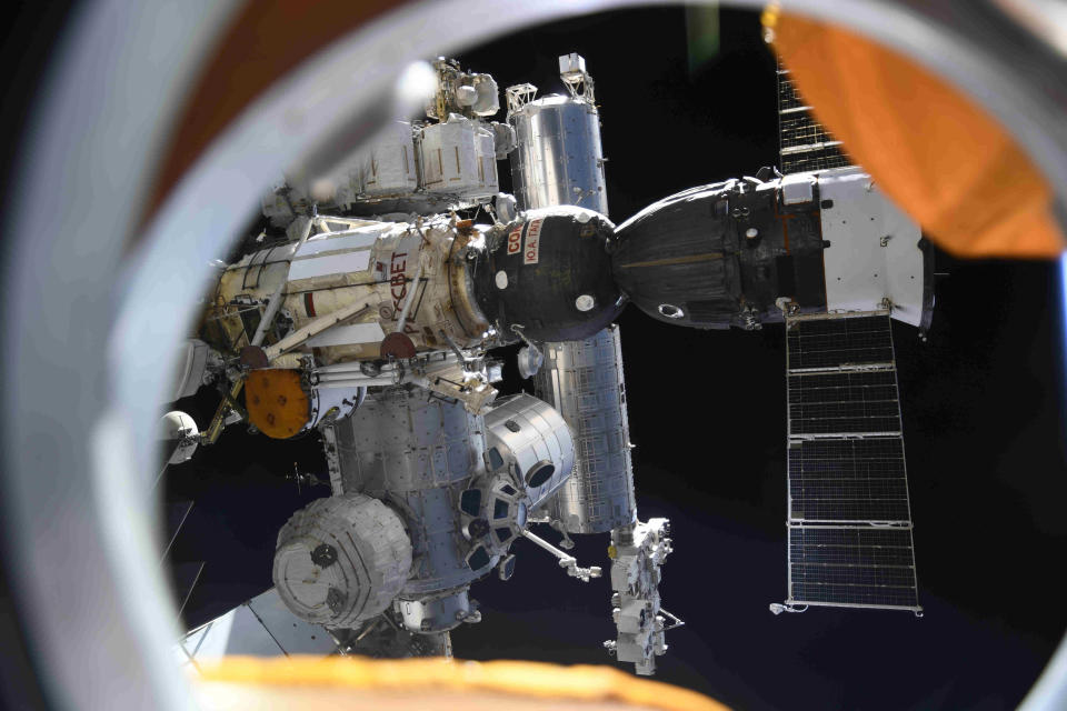 In this photo taken by Russian cosmonaut Oleg Novitsky and provided by Roscosmos Space Agency Press Service, the International Space Station is seen from the Nauka module on Wednesday, Aug. 11, 2021. (Oleg Novitsky/Roscosmos Space Agency Press Service photo via AP)