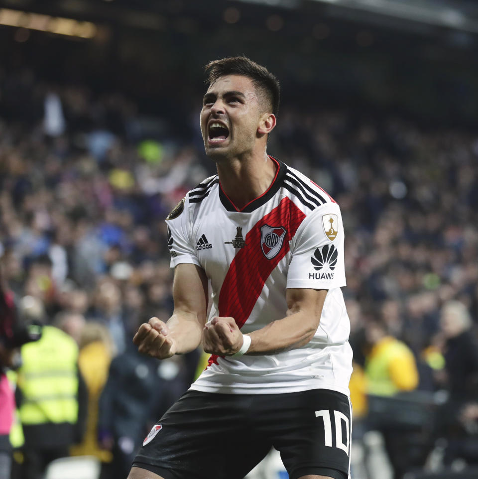 FILE - In this Dec. 9, 2018, file photo, Gonzalo "Pity" Martinez of Argentina's River Plate celebrates after beating Argentina's Boca Juniors in the Copa Libertadores final soccer match in Madrid, Spain. Martinez has been acquired by Atlanta United, bolstering a team that won the MLS Cup championship in just its second season. United announced the long-anticipated transfer on Thursday, Jan. 24, 2019. (AP Photo/Manu Fernandez, File)