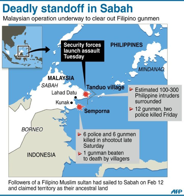 Graphic showing the area of deadly standoff in Malaysia's Sabah between local forces and followers of a Filipino Muslim sultan who are claiming territory as their ancestral land
