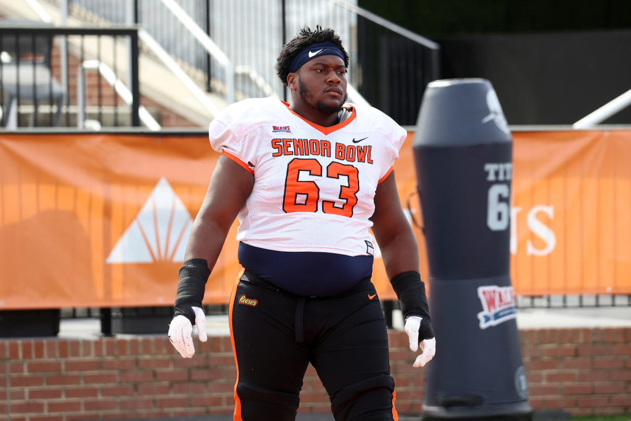 MOBILE, AL - FEBRUARY 01: American offensive lineman Christian Haynes of UConn (63) during the American team practice for the Reese's Senior Bowl on February 31, 2024 at Hancock Whitney Stadium in Mobile, Alabama.  (Photo by Michael Wade/Icon Sportswire via Getty Images)