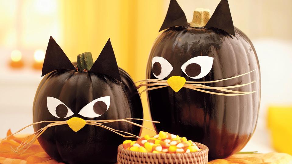 Pumpkin faces painted to look like black cats