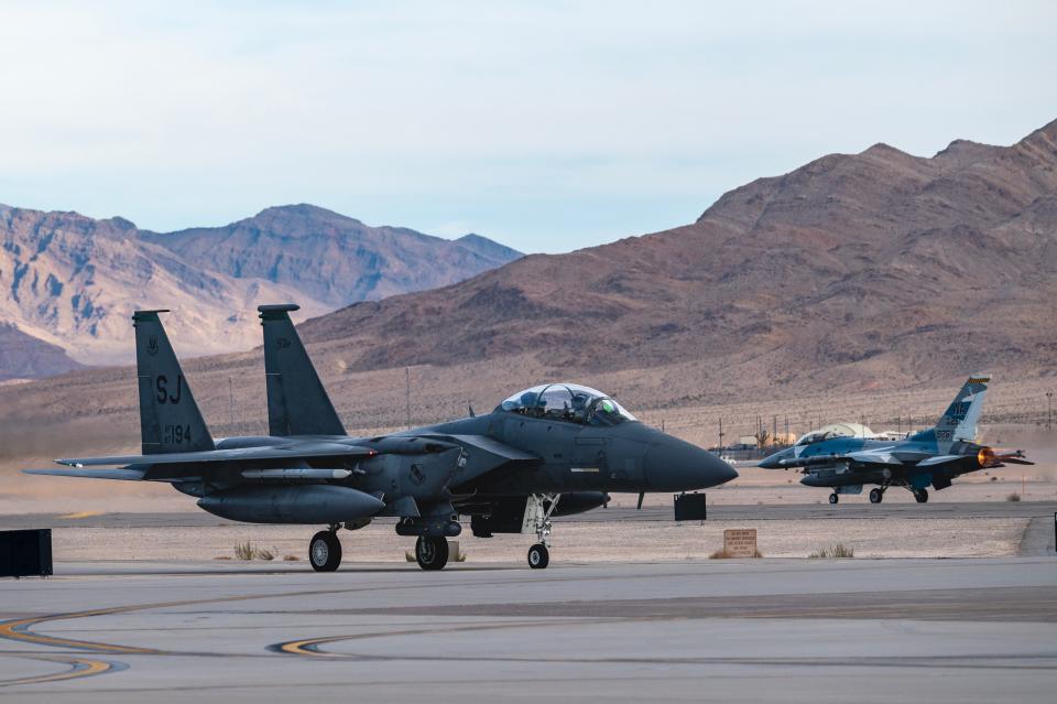 An F-15E Strike Eagle assigned to Seymour Johnson Air Force Base, South Carolina, taxis prior to take off for a for Red Flag-Nellis 24-1 mission at Nellis Air Force Base, Nevada, Jan. 17.