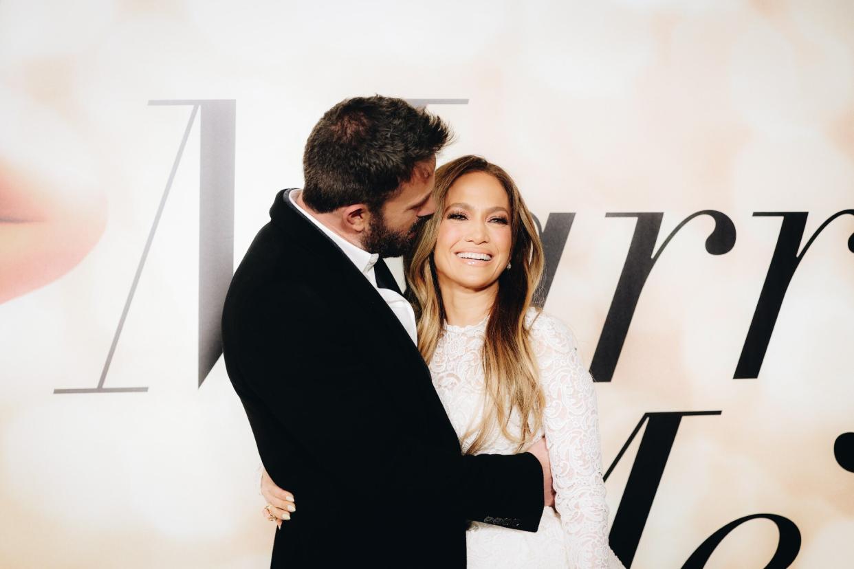 Jennifer Lopez White Dress and Ben Affleck Head Kiss 'Marry Me' Premiere