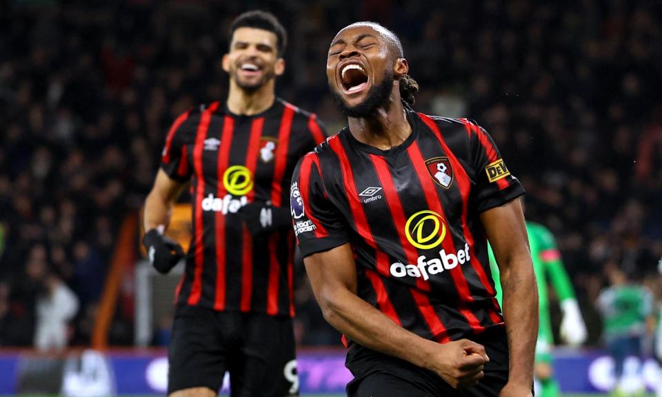 <span>Antoine Semenyo (right) punches the air in delight after scoring Bournemouth’s fourth and final goal.</span><span>Photograph: Toby Melville/Reuters</span>