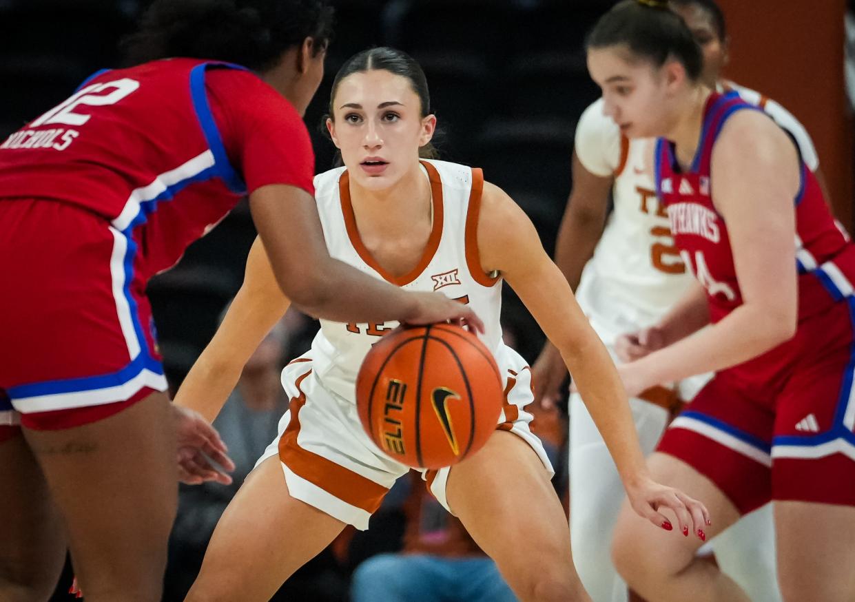 Texas Longhorns guard Shay Holle (10) defends in the first half of the Longhorns' game against the Kansas Jayhawks at the Moody Center in Austin, Jan 16, 2024. Texas won the game 91-56.