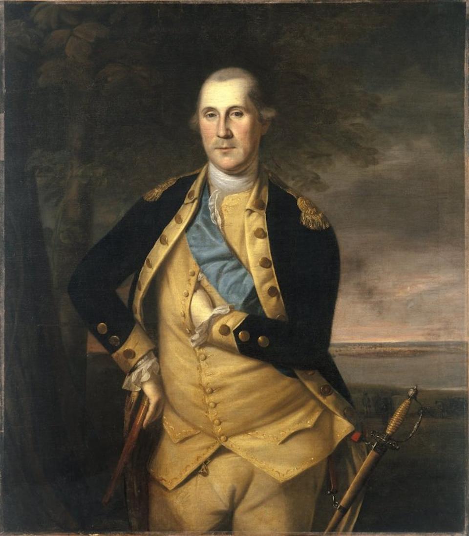 George Washington by Charles Willson Peale. The swollen cheek and a slightly visible scar could have been due to an abscessed tooth in the young soldier.