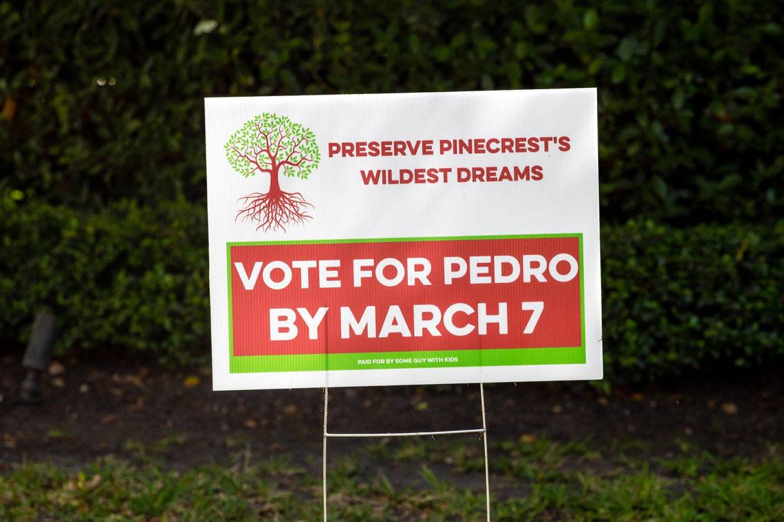 A satirical yard sign that reads ‘VOTE FOR PEDRO’ sits in front of a resident’s yard in Pinecrest, Florida, on Wednesday, March 1, 2023.