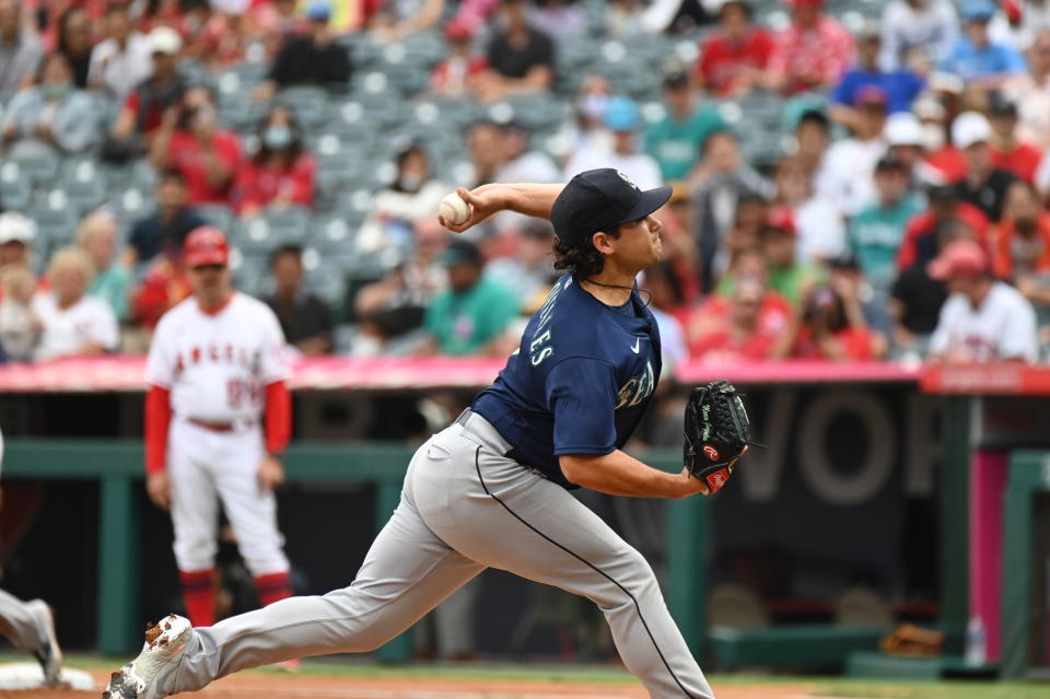 Seattle Mariners pitcher Marco Gonzales throws to home plate during the first inning of a baseball game against the Los Angeles Angels, Sunday, Sept. 26, 2021, in Anaheim, Calif. (AP Photo/Michael Owen Baker)