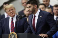 Right fielder J.D. Martinez speaks as U.S. President Donald Trump listens during a South Lawn event to honor the Boston Red Sox at the White House May 9, 2019 in Washington, DC. President Donald Trump hosted the Boston Red Sox to honor their championship of the 2018 World Series.(Photo by Alex Wong/Getty Images)