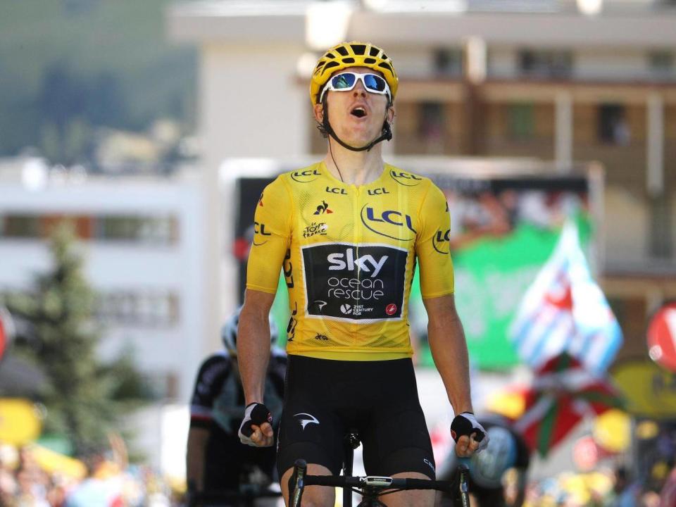 Geraint Thomas wins the Alpe d'Huez climb. (Getty)