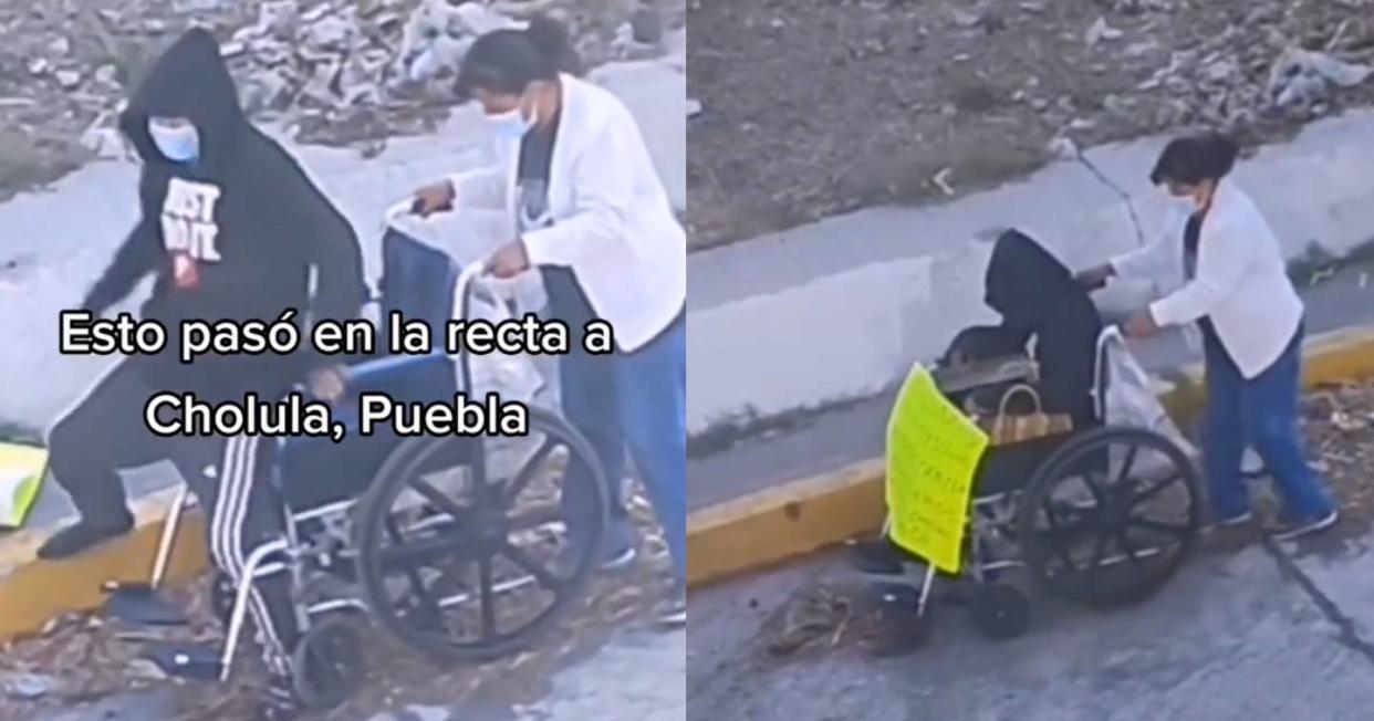 En Puebla cachan a pareja fingiendo discapacidad para pedir dinero. Foto: Captura de video TikTok vía @pueblamillenial