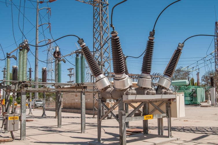 <span class="caption">SF₆ insulates electrical installations, like this circuit breaker in a geothermal power plant substation.</span> <span class="attribution"><a class="link " href="https://www.shutterstock.com/image-photo/sf6-circuit-breaker-substation-geothermal-power-1179514285" rel="nofollow noopener" target="_blank" data-ylk="slk:VG Foto/Shutterstock;elm:context_link;itc:0;sec:content-canvas">VG Foto/Shutterstock</a></span>
