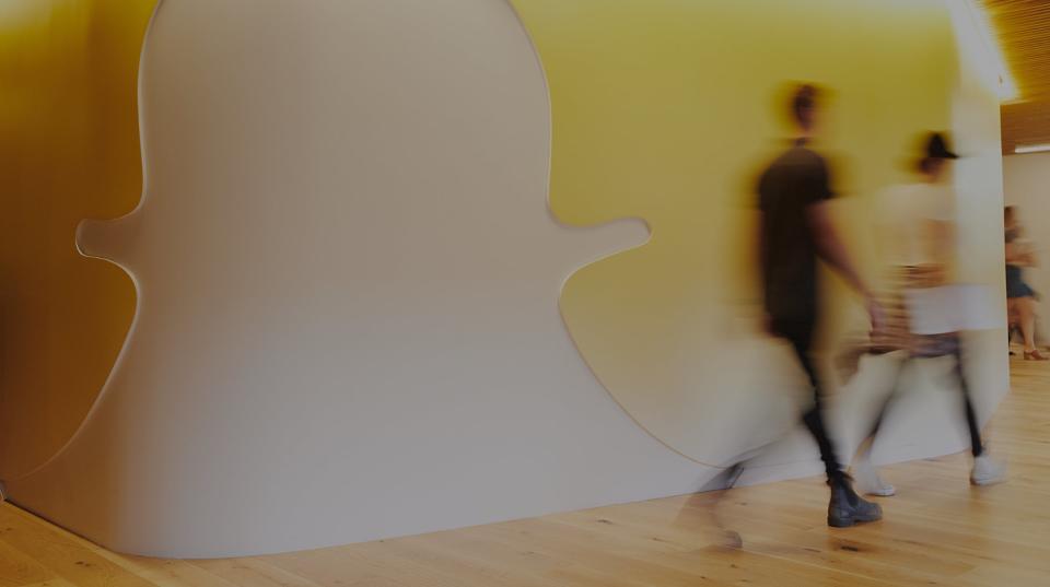 Snapchat's ghost mascot as wall art at Snapchat headquarters.