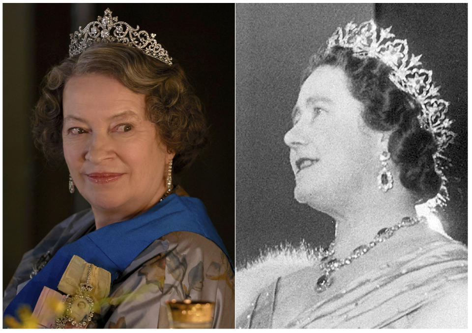 This combination of photos shows actress Marion Bailey portraying Queen Elizabeth the Queen Mother in a scene from the third season of "The Crown," left, and Queen Elizabeth, the Queen Mother at the Royal Academy of Dramatic Art in London on Dec. 6, 1954. The popular series based on the British royal family debuts Sunday on Netflix. (Netflix, left, and AP Photo)