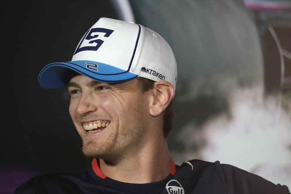 Williams driver Logan Sargeant, of the United States, smiles during a press conference ahead of the Formula One Miami Grand Prix auto race, Thursday, May 2, 2024, in Miami. (AP Photo/Rebecca Blackwell)