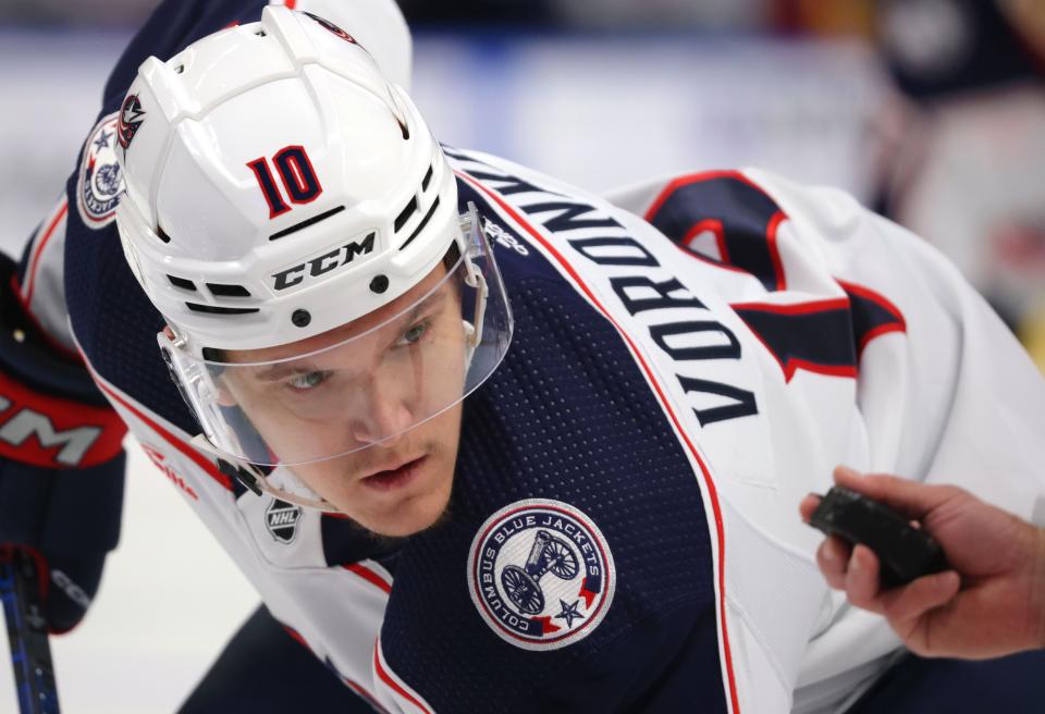 Sep 30, 2023; Buffalo, New York, USA; Columbus Blue Jackets left wing Dmitri Voronkov (10) waits foe the face-off during the first period against the Buffalo Sabres at KeyBank Center. Mandatory Credit: Timothy T. Ludwig-USA TODAY Sports