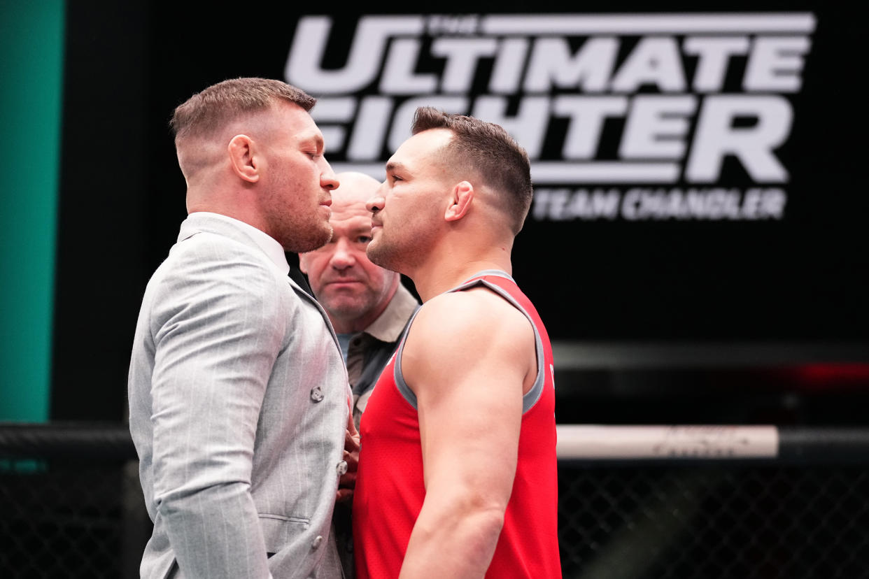 LAS VEGAS, NEVADA - MARCH 13:   (L-R) Conor McGregor and Michael Chandler face off during the filming of The Ultimate Fighter at UFC APEX on March 13, 2023 in Las Vegas, Nevada. (Photo by Chris Unger/Zuffa LLC via Getty Images)