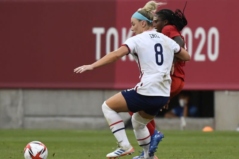 Midfielder Julie Ertz (8) and the United States Women's National Team will play Vietnam in their 2023 Women's World Cup opener Friday in Auckland, New Zealand. File Photo by Mike Theiler/UPI