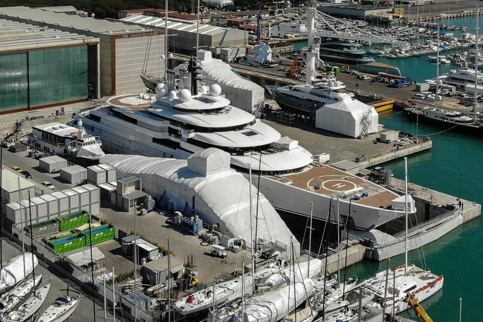 A view of the multimillion-dollar megayacht Scheherazade, docked at the Tuscan port of Marina di Carrara, Italy, on March 22.