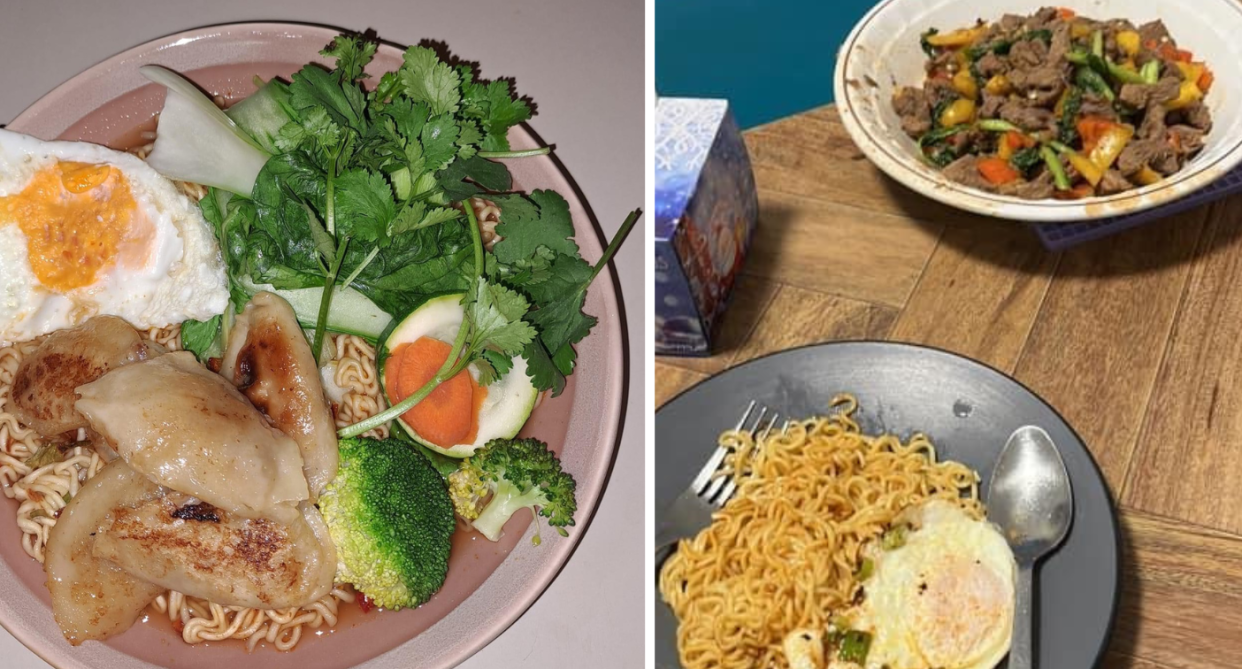 Home cooks are sharing the secret to turning humble mi goreng noodles into gourmet-inspired dishes. Photo: Facebook/$10 Meals Australia Budget Cooking Community