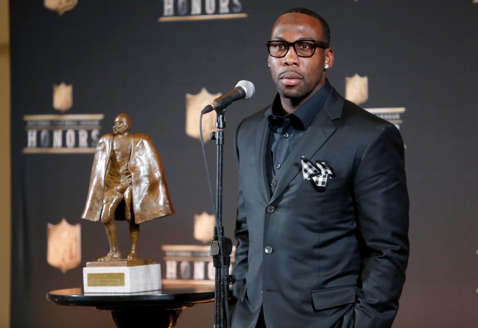 Anquan Boldin, of the San Francisco 49ers, poses in the press room with the Walter Payton NFL Man of the Year award presented by Nationwide at the 5th annual NFL Honors at the Bill Graham Civic Auditorium on Feb. 6, 2016, in San Francisco.