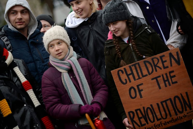 FILE PHOTO: Swedish climate activist Greta Thunberg takes part in a protest outside the EU Council as EU environment ministers meet in Brussels