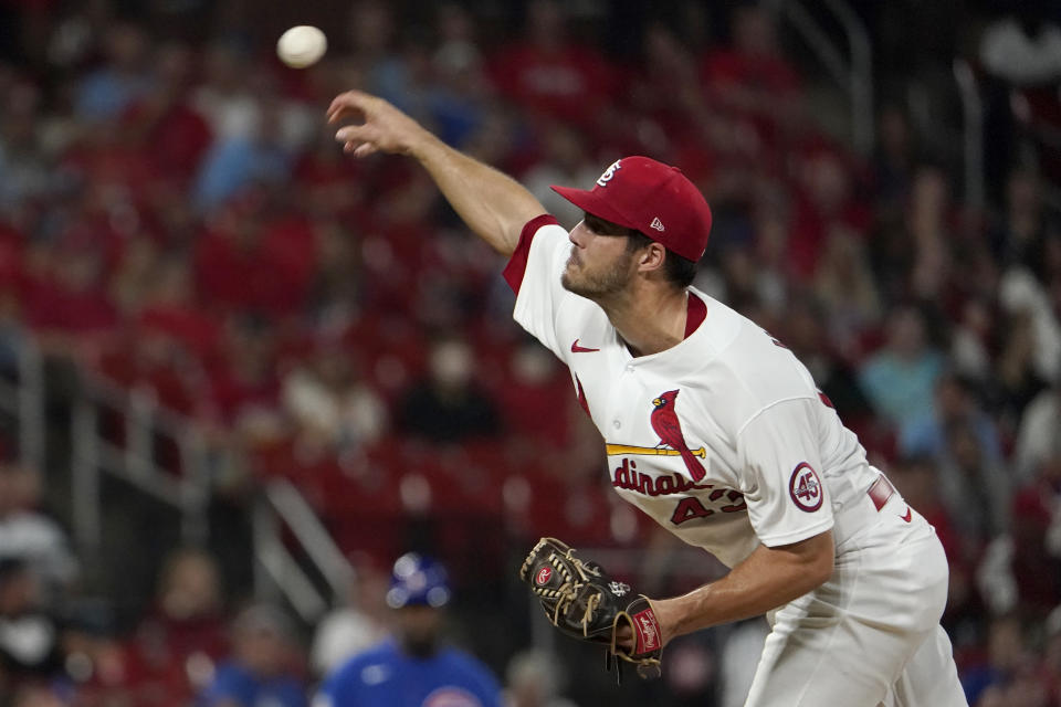 St. Louis Cardinals starting pitcher Dakota Hudson throws during the first inning of a baseball game against the Chicago Cubs Friday, Oct. 1, 2021, in St. Louis. (AP Photo/Jeff Roberson)