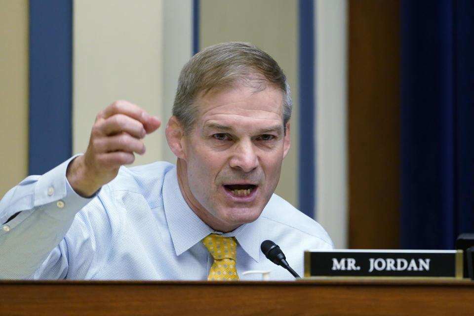 FILE - In this May 19, 2021 file photo, Rep. Jim Jordan, R-Ohio, speaks during a House Select Subcommittee hearing on Capitol Hill in Washington. House Speaker Nancy Pelosi is rejecting two Republicans tapped by House GOP Leader Kevin McCarthy to sit on a committee investigating the Jan. 6 Capitol insurrection. She cited the “integrity” of the investigation. Pelosi said in a statement Wednesday that she would not accept the appointments of Indiana Rep. Jim Banks, whom McCarthy picked to be the top Republican on the panel, or Ohio Rep. Jim Jordan. Both are close allies of former President Donald Trump. (AP Photo/Susan Walsh, Pool)