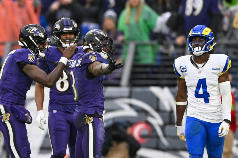 Baltimore Ravens wide receiver Odell Beckham Jr. (C) taunts Los Angeles Rams defensive back Jordan Fuller (R) after a 46-yard touchdown Sunday at M&T Bank Stadium in Baltimore. Photo by David Tulis/UPI