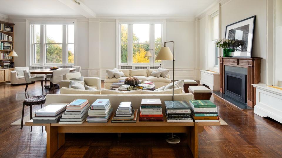 a living room with a bookcase