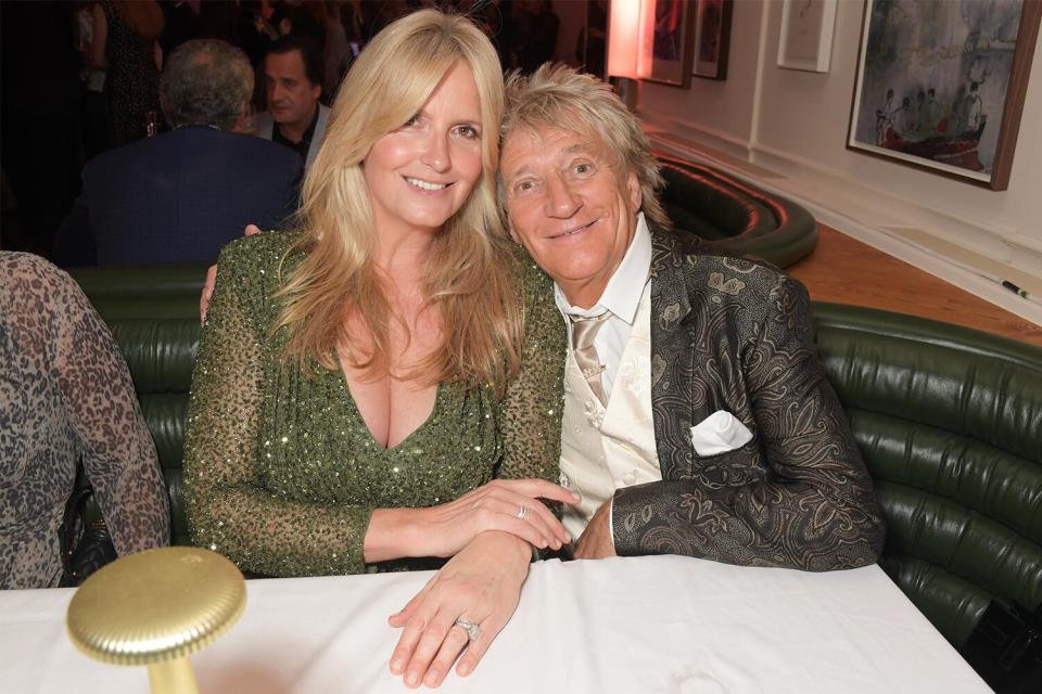 Penny Lancaster and Sir Rod Stewart attend the Langan's Launch Night on October 28, 2021 in London, England.